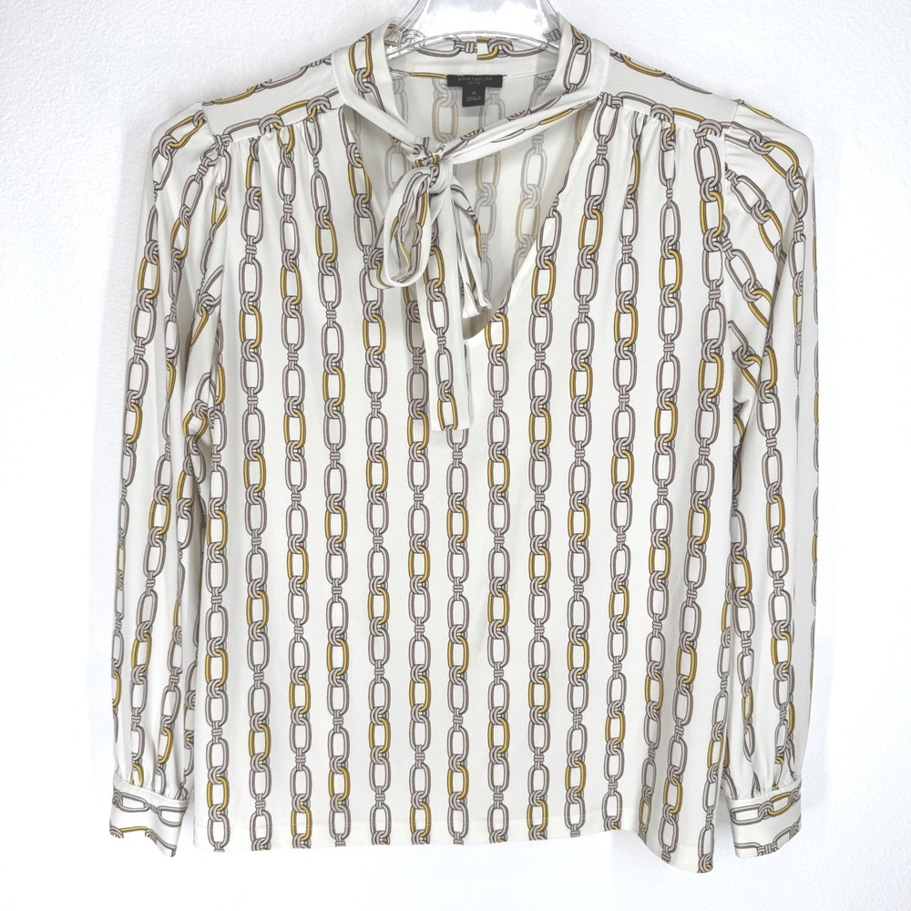 Ann Taylor Ivory Chain-Print Tie-Neck Blouse with Gold and Gray Links